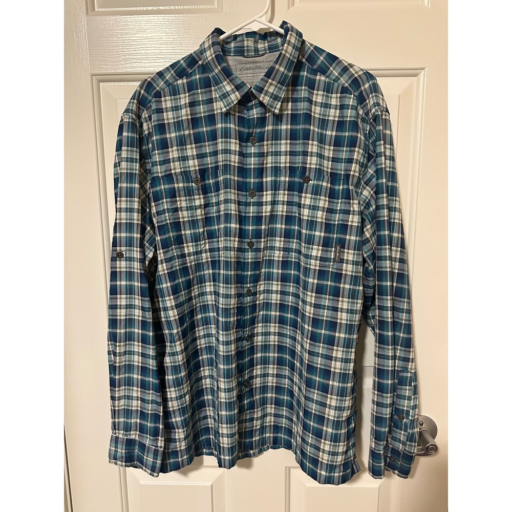 Eddie Bauer Shirt Mens L Teal Plaid Long Sleeve Ventilated Hiking Button Down